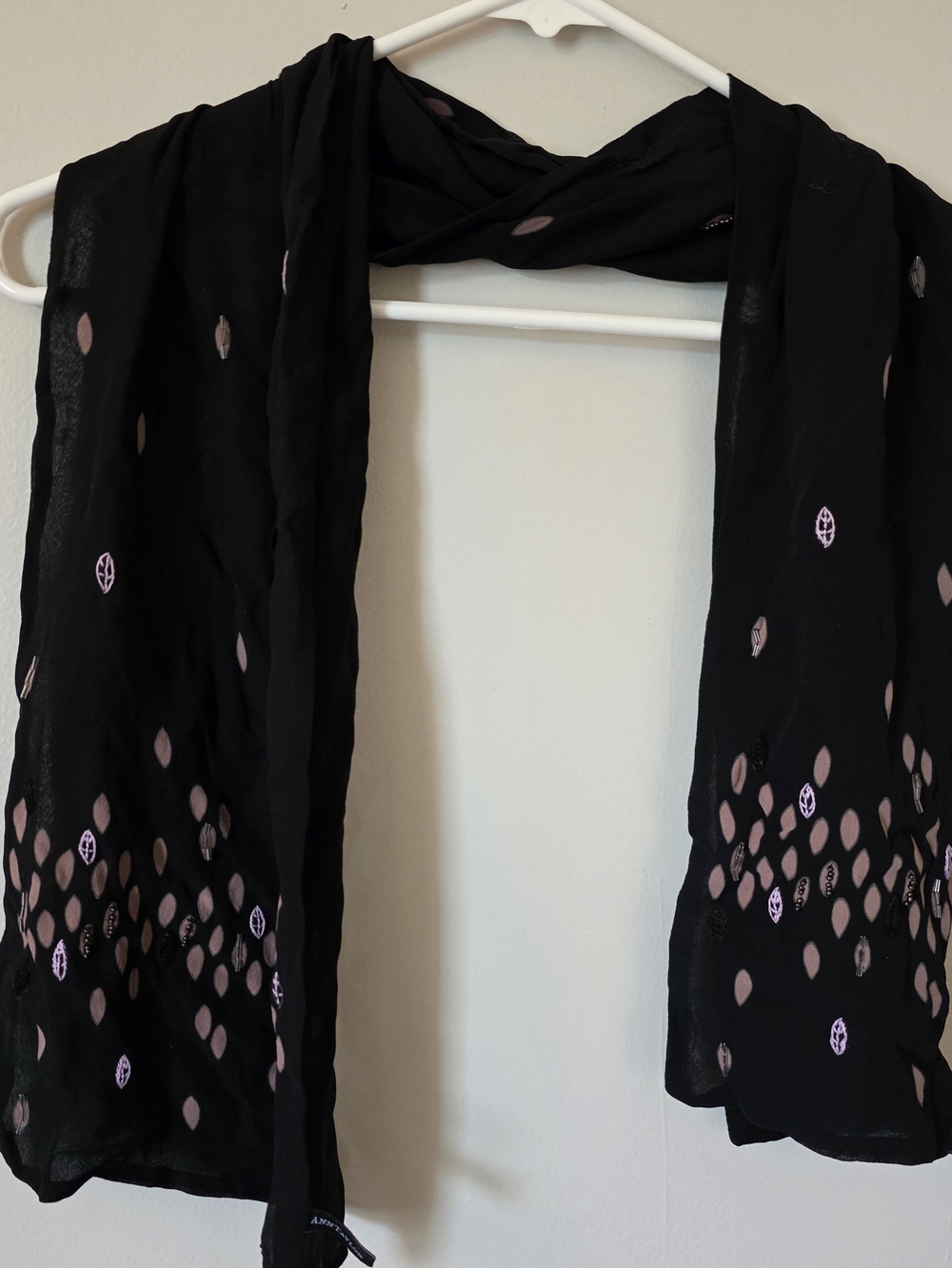 Sheer Black Silk Scarf with Leaf Accents Bead Embroidered Ann Taylor VTG 90s